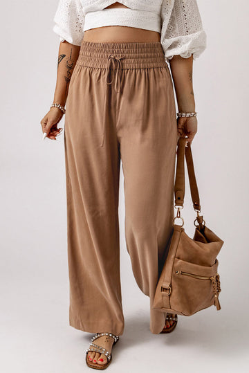 Brown Drawstring Elastic Waist Casual Wide Leg Trousers - eAura