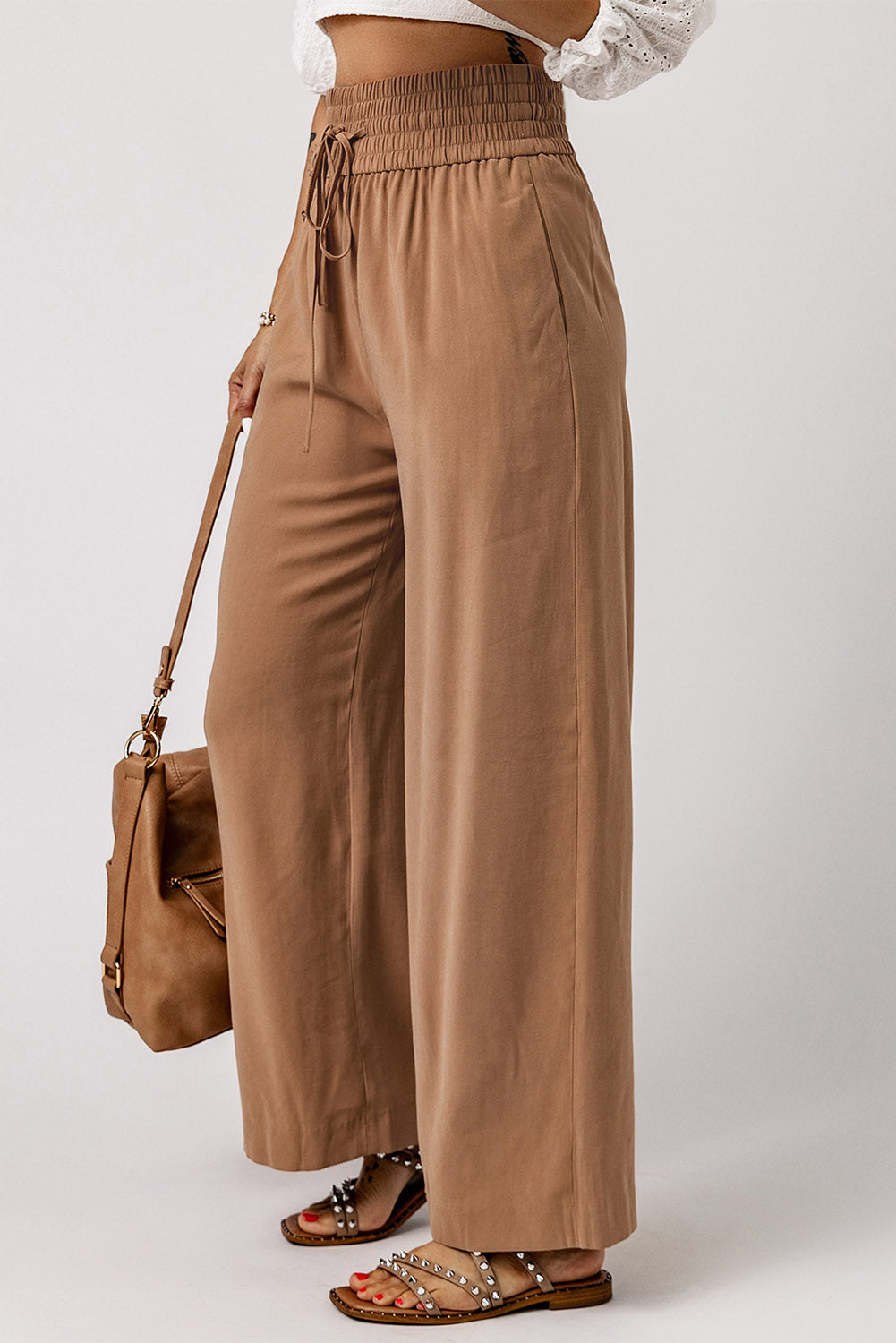 Brown Drawstring Elastic Waist Casual Wide Leg Trousers - eAura