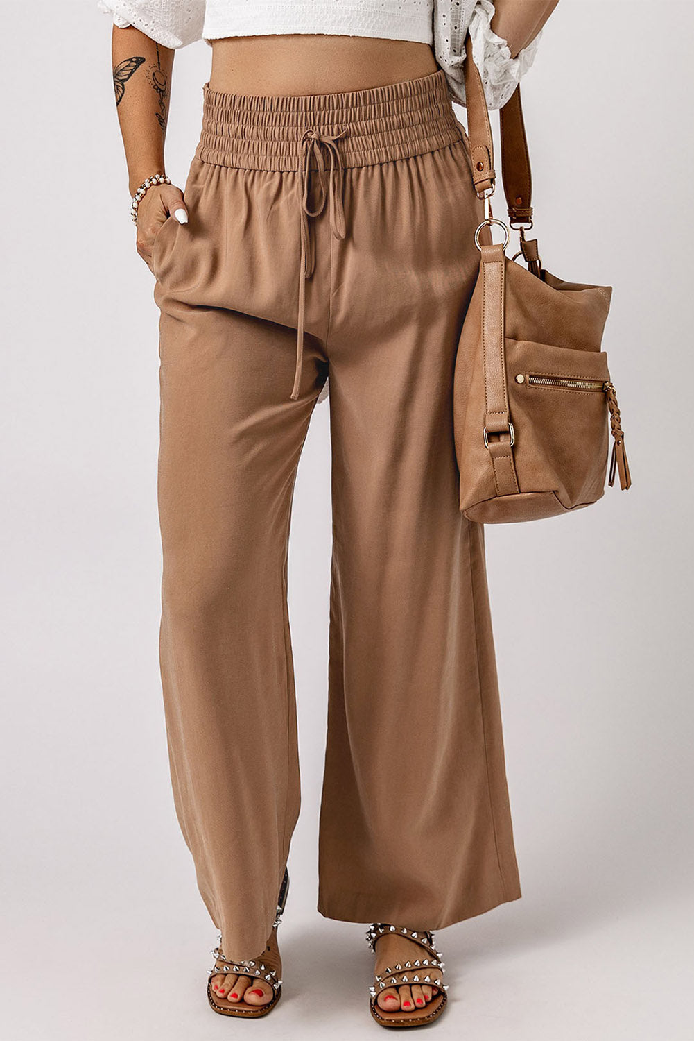 Brown Drawstring Elastic Waist Casual Wide Leg Trousers - eAura