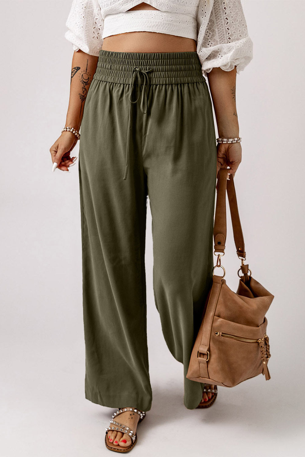 Brown Drawstring Elastic Waist Casual Wide Leg Trousers - eAura