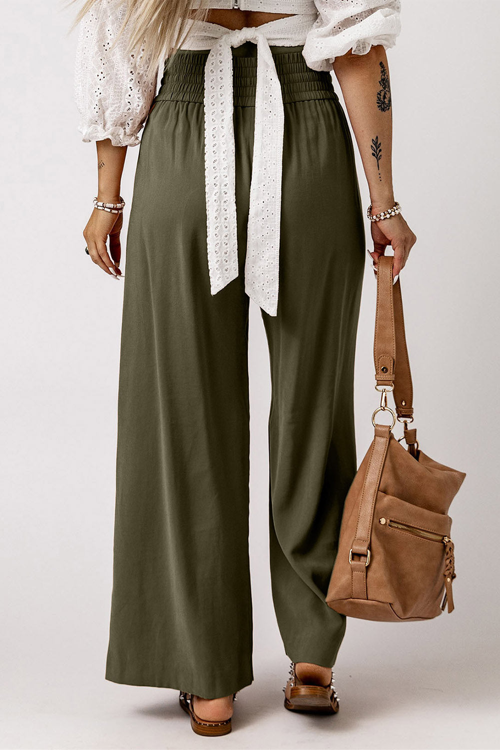 Brown Drawstring Elastic Waist Casual Wide Leg Trousers - eAura