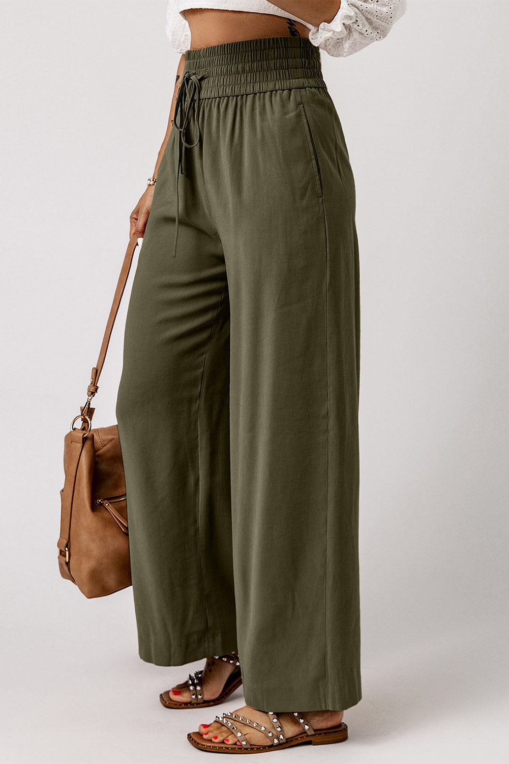 Brown Drawstring Elastic Waist Casual Wide Leg Trousers - eAura
