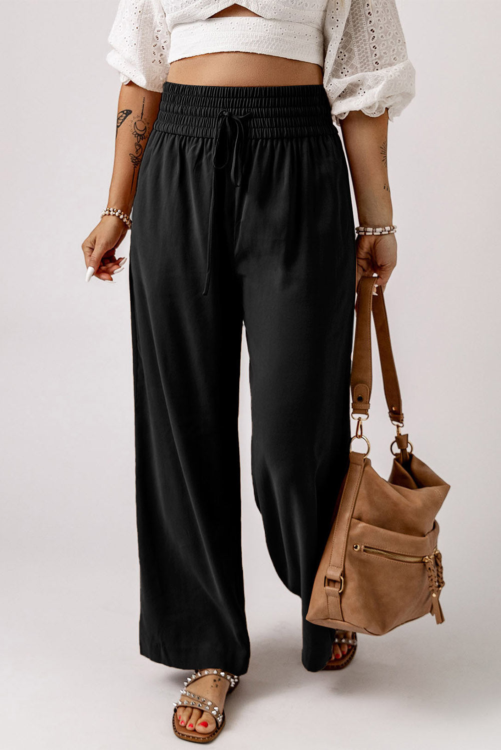 Brown Drawstring Elastic Waist Casual Wide Leg Trousers - eAura