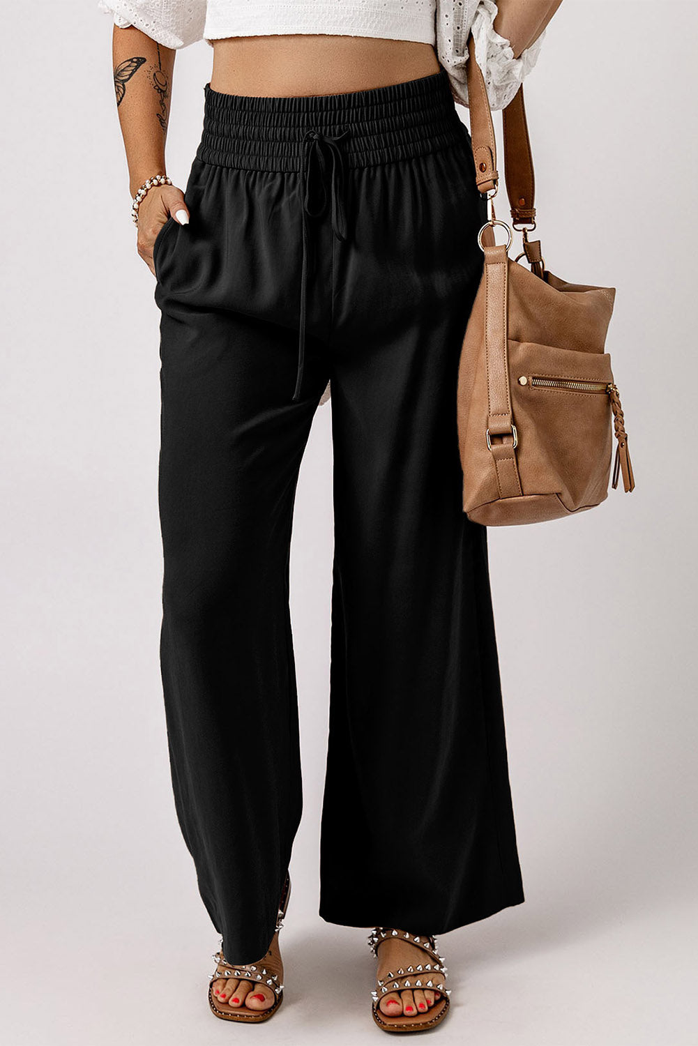 Brown Drawstring Elastic Waist Casual Wide Leg Trousers - eAura