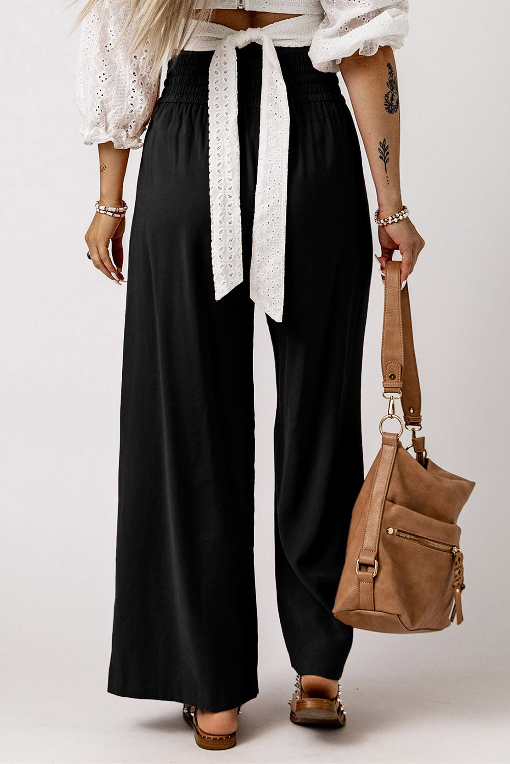 Brown Drawstring Elastic Waist Casual Wide Leg Trousers - eAura