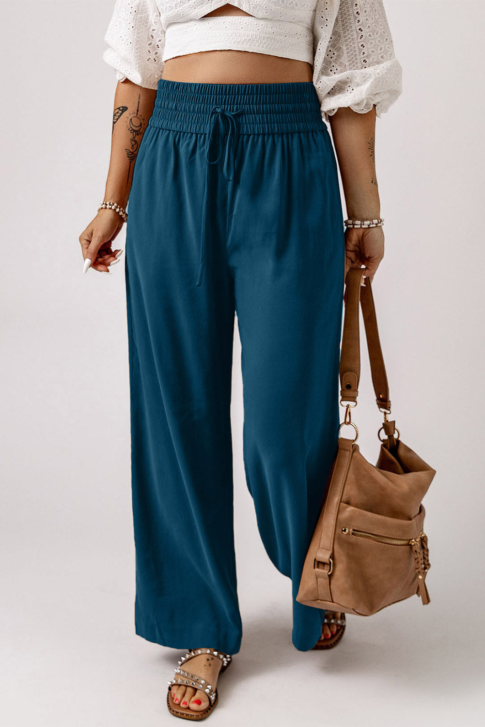 Brown Drawstring Elastic Waist Casual Wide Leg Trousers - eAura