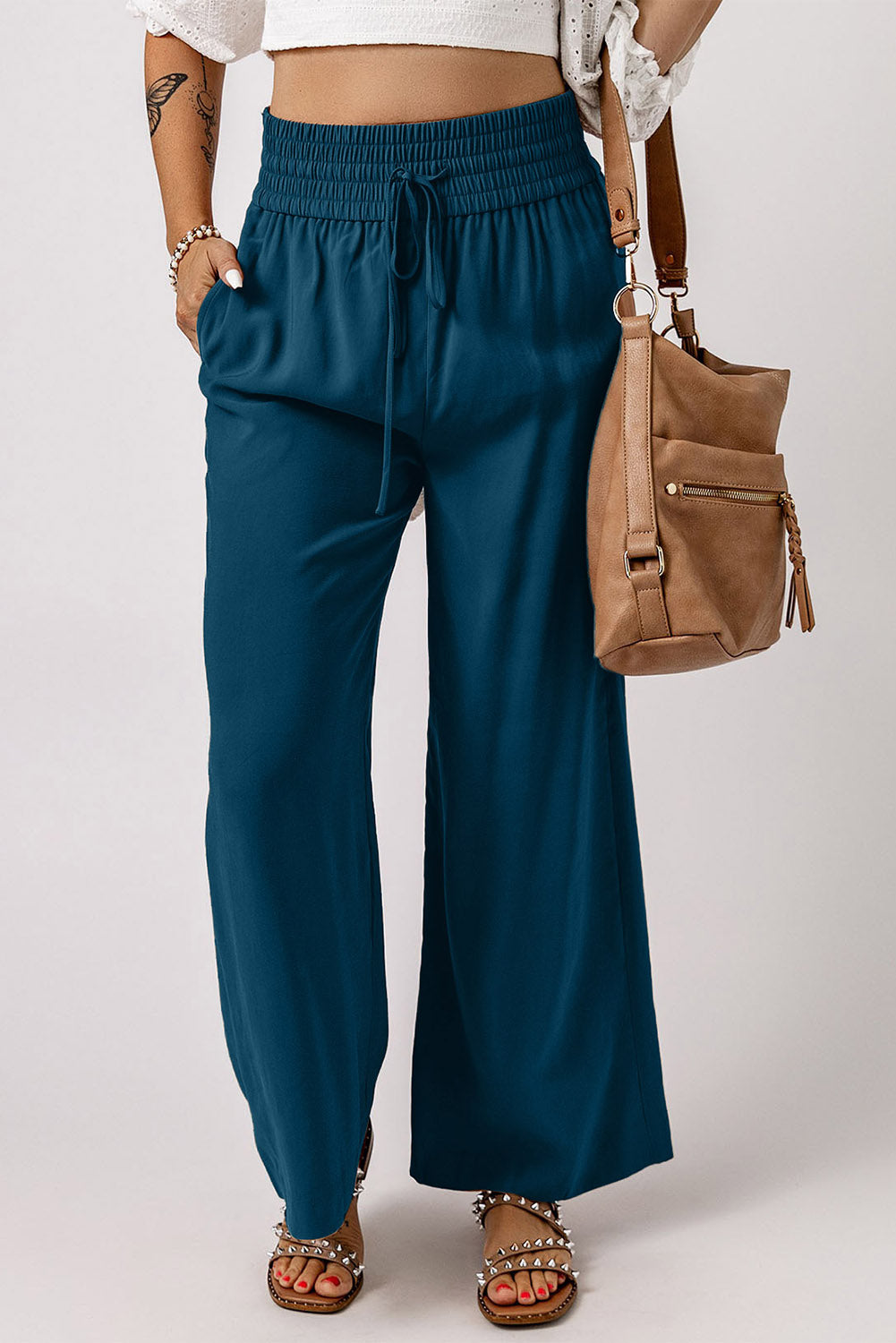 Brown Drawstring Elastic Waist Casual Wide Leg Trousers - eAura