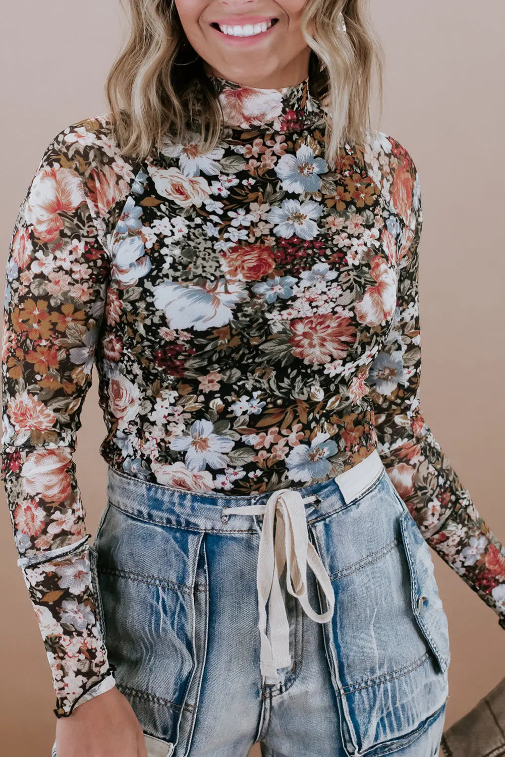 Brown Floral Long Sleeve High Neck Sheath Mesh Blouse eAura