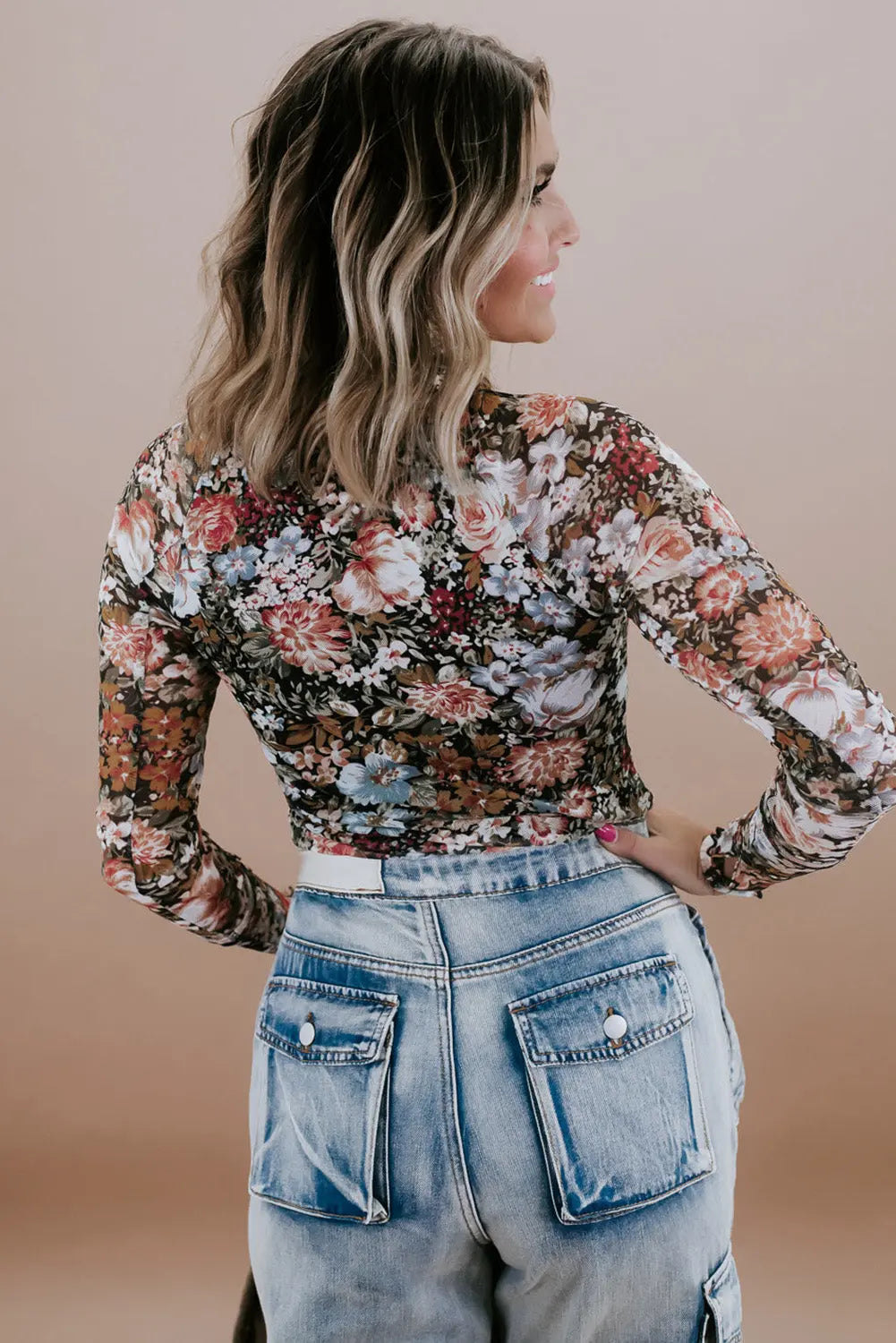 Brown Floral Long Sleeve High Neck Sheath Mesh Blouse eAura