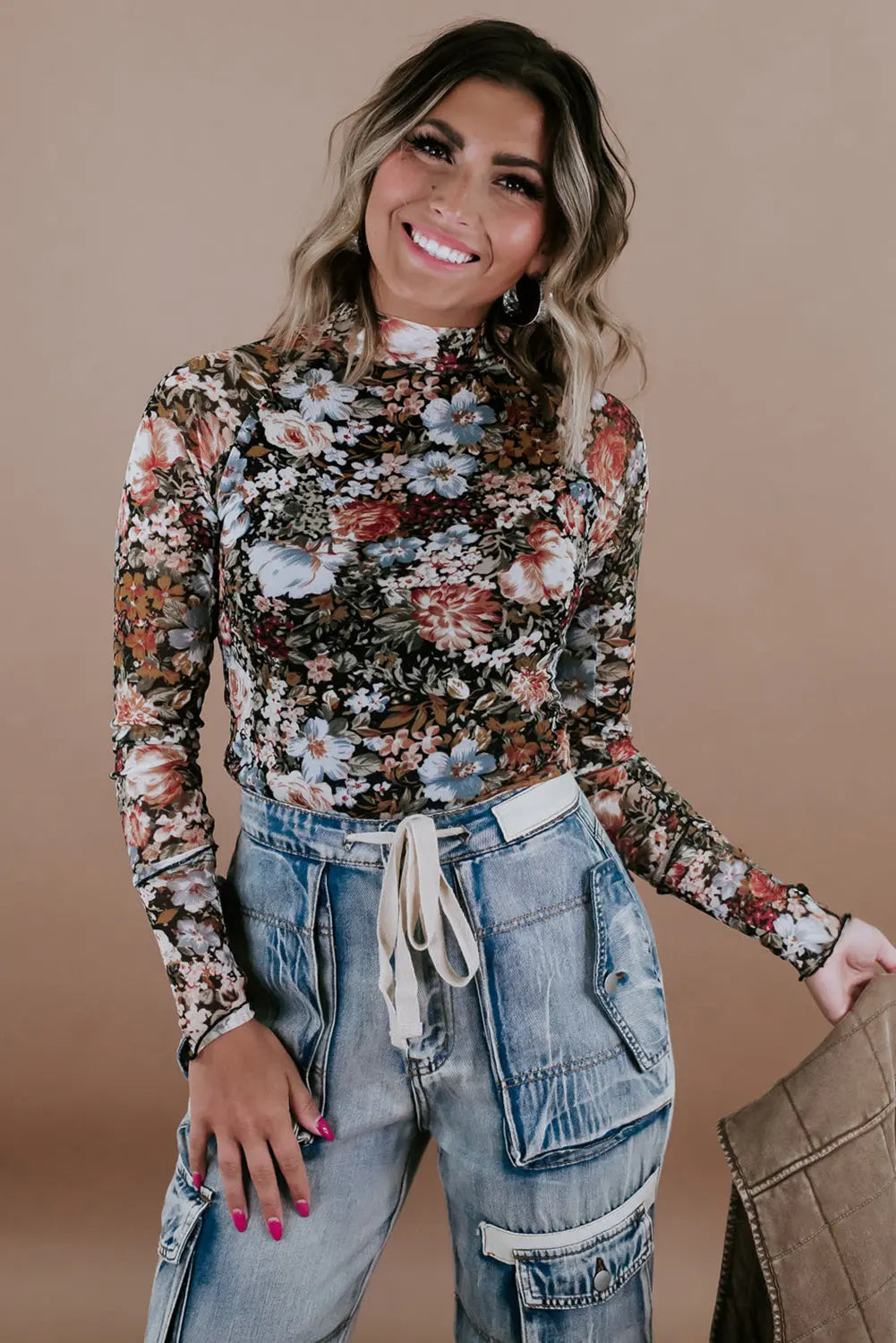 Brown Floral Long Sleeve High Neck Sheath Mesh Blouse eAura