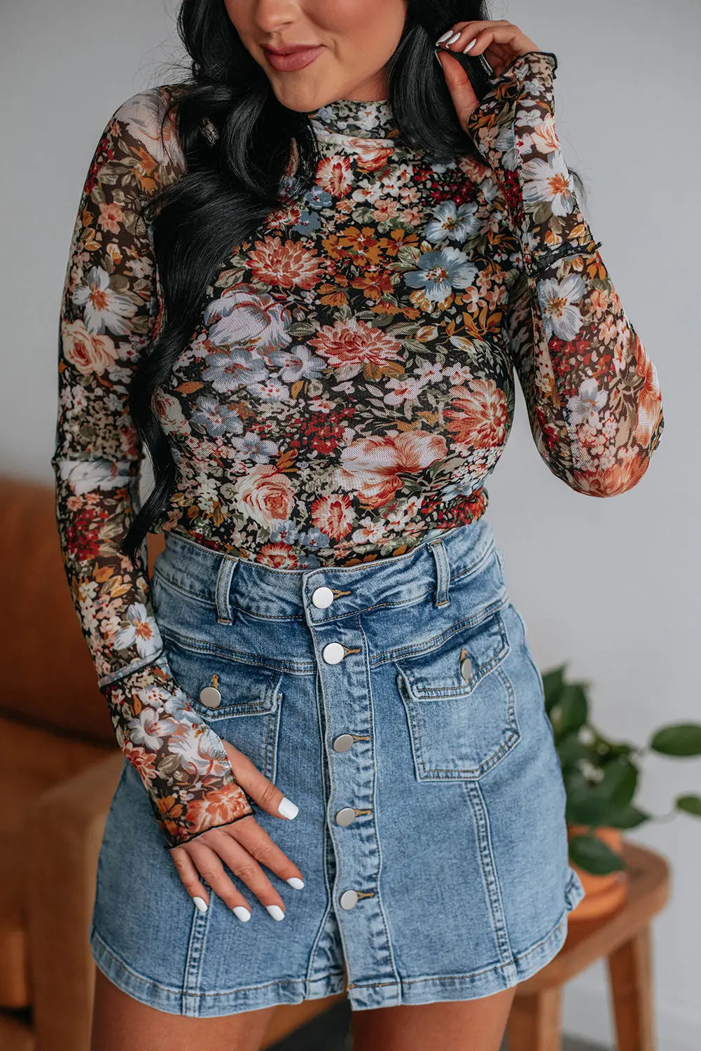 Brown Floral Long Sleeve High Neck Sheath Mesh Blouse eAura