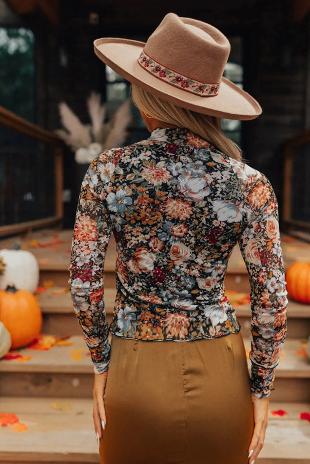 Brown Floral Long Sleeve High Neck Sheath Mesh Blouse eAura
