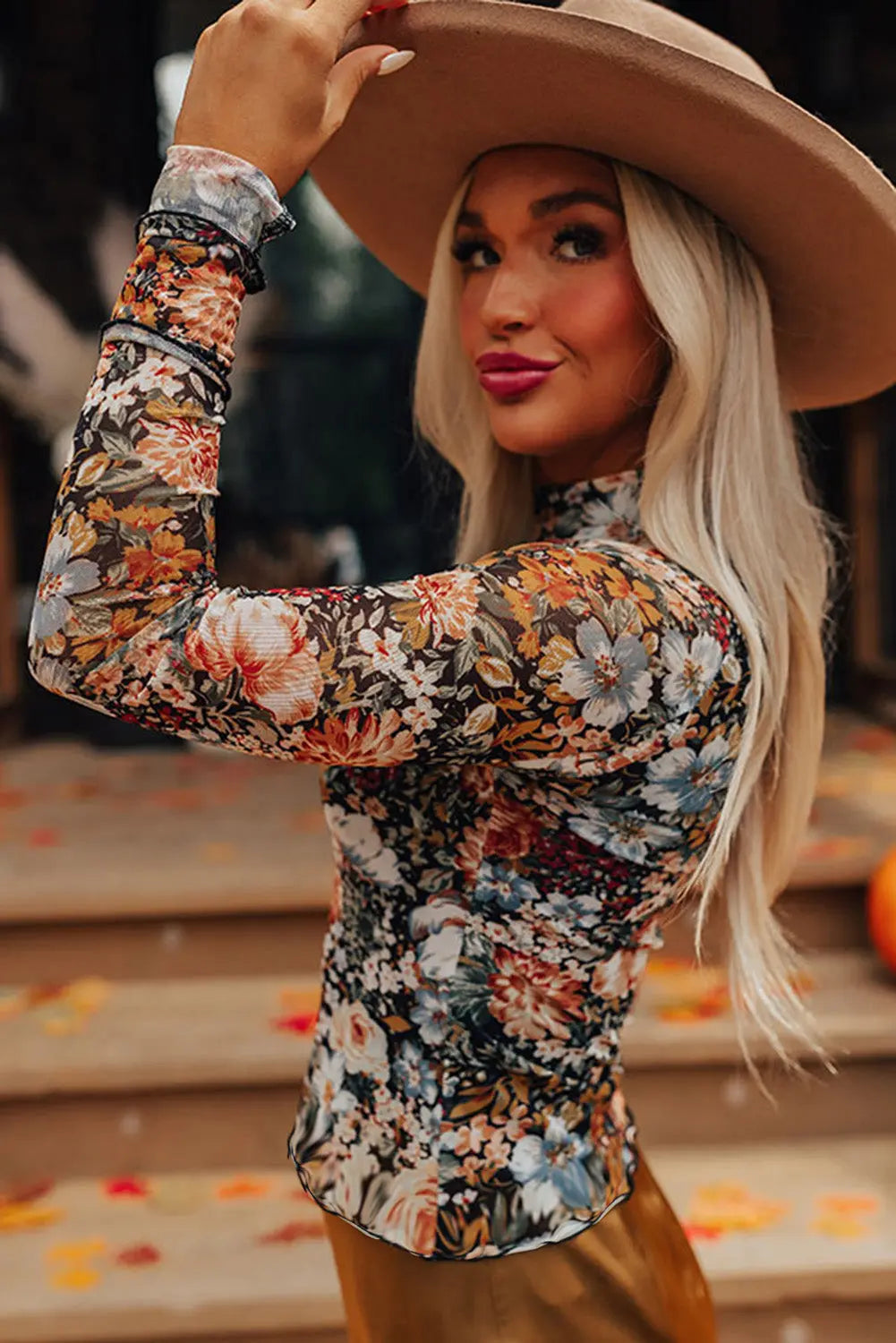 Brown Floral Long Sleeve High Neck Sheath Mesh Blouse eAura
