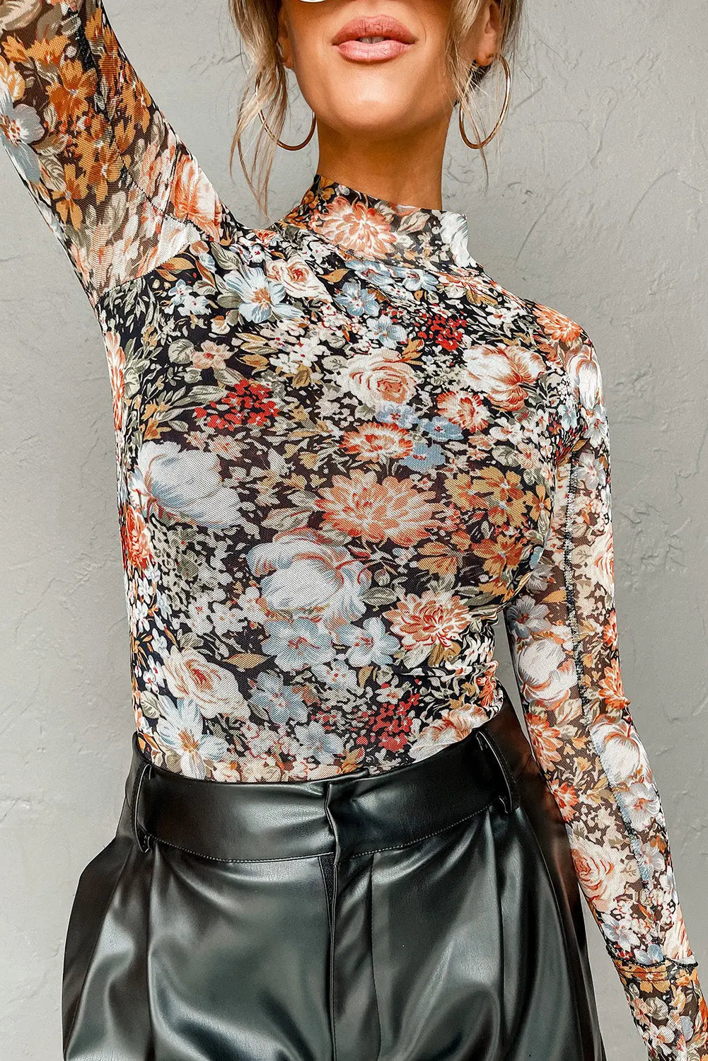 Brown Floral Long Sleeve High Neck Sheath Mesh Blouse eAura