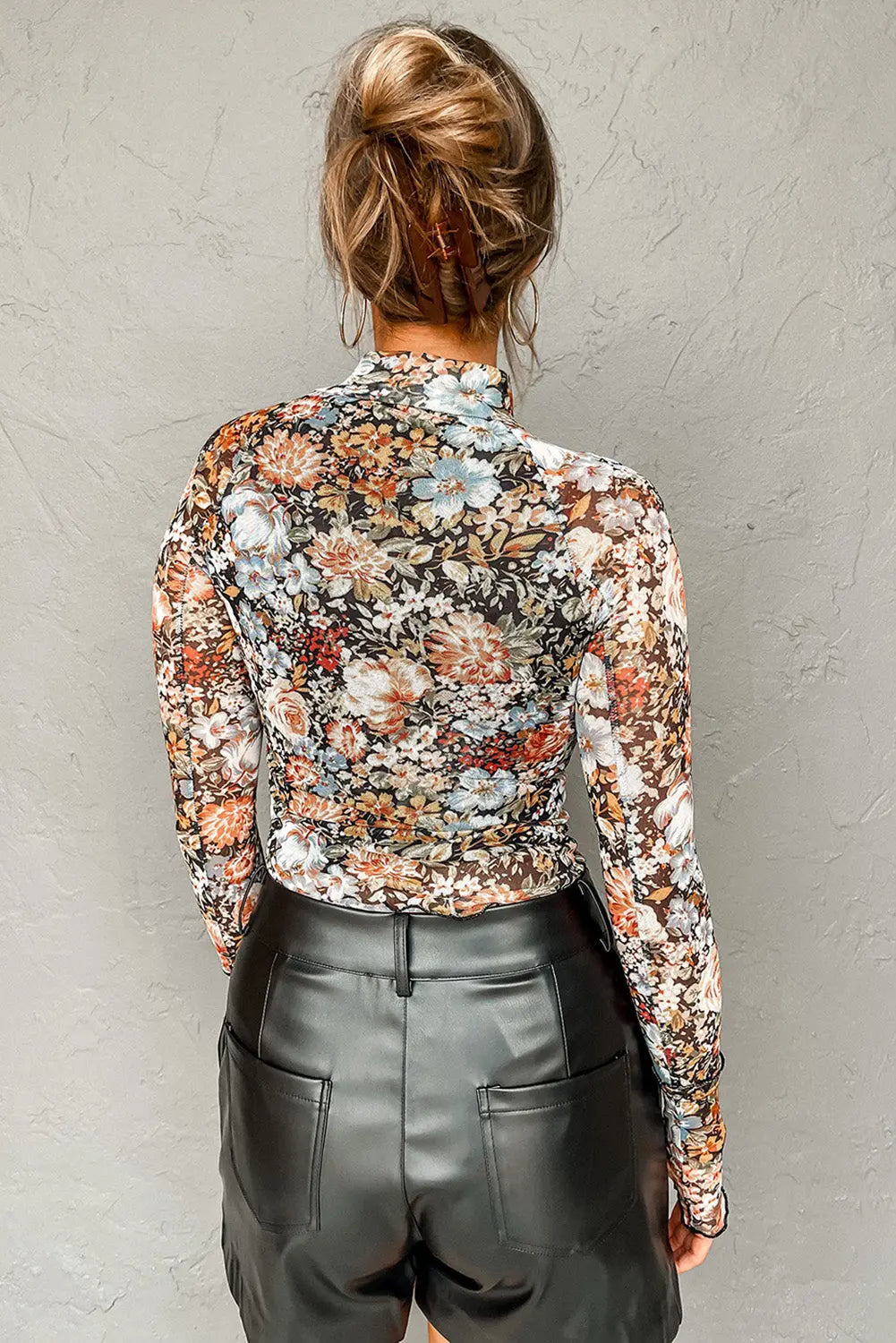 Brown Floral Long Sleeve High Neck Sheath Mesh Blouse eAura