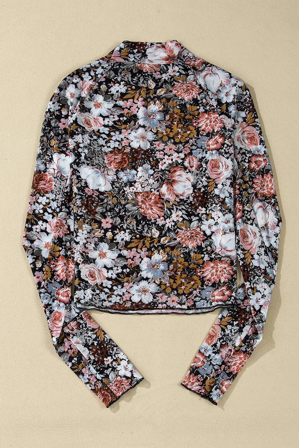 Brown Floral Long Sleeve High Neck Sheath Mesh Blouse eAura
