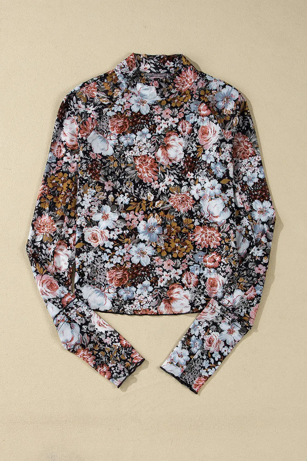 Brown Floral Long Sleeve High Neck Sheath Mesh Blouse eAura
