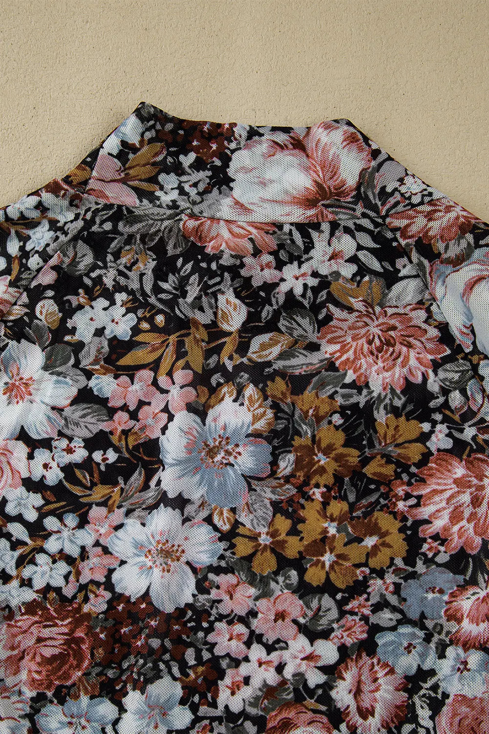 Brown Floral Long Sleeve High Neck Sheath Mesh Blouse eAura