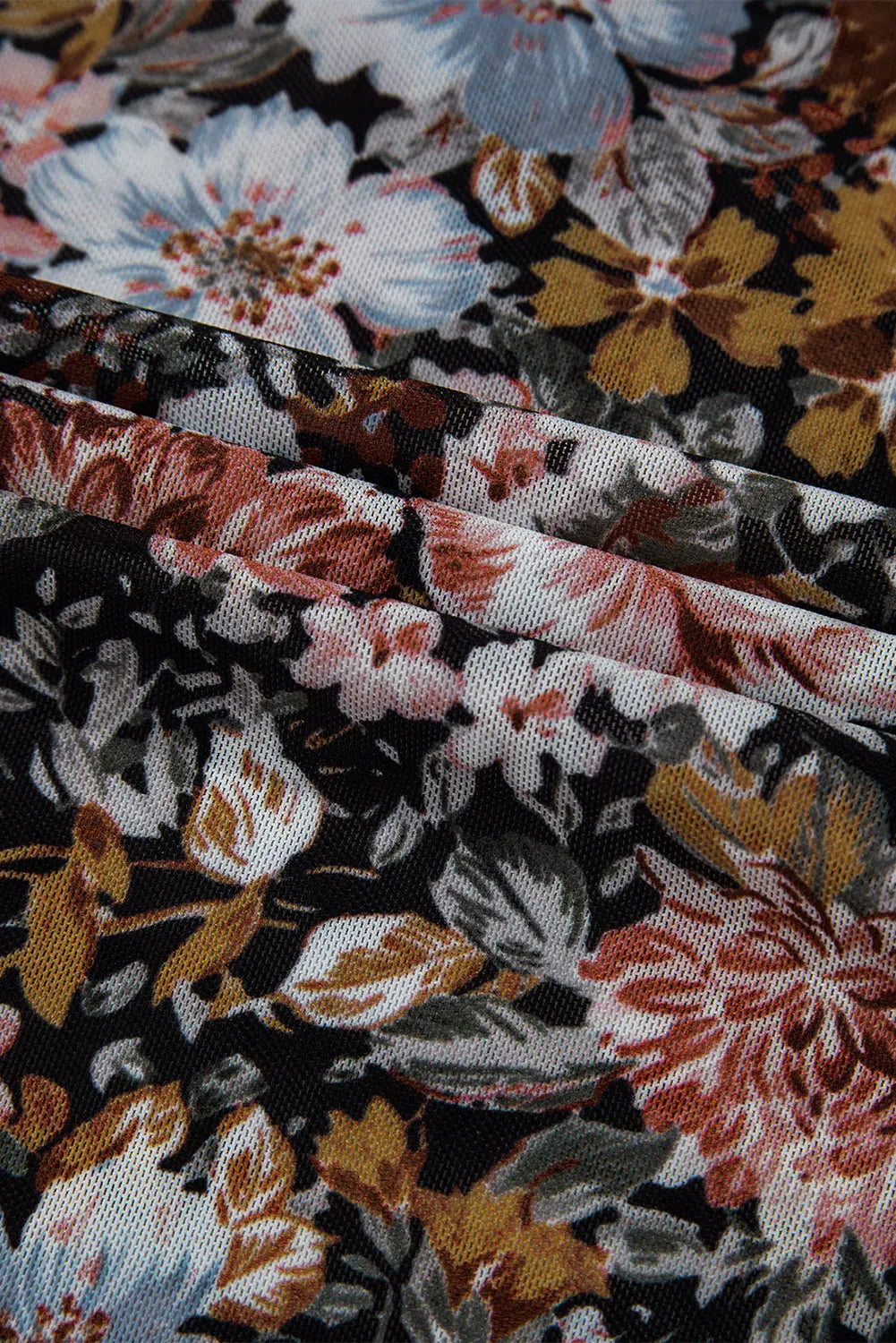 Brown Floral Long Sleeve High Neck Sheath Mesh Blouse eAura
