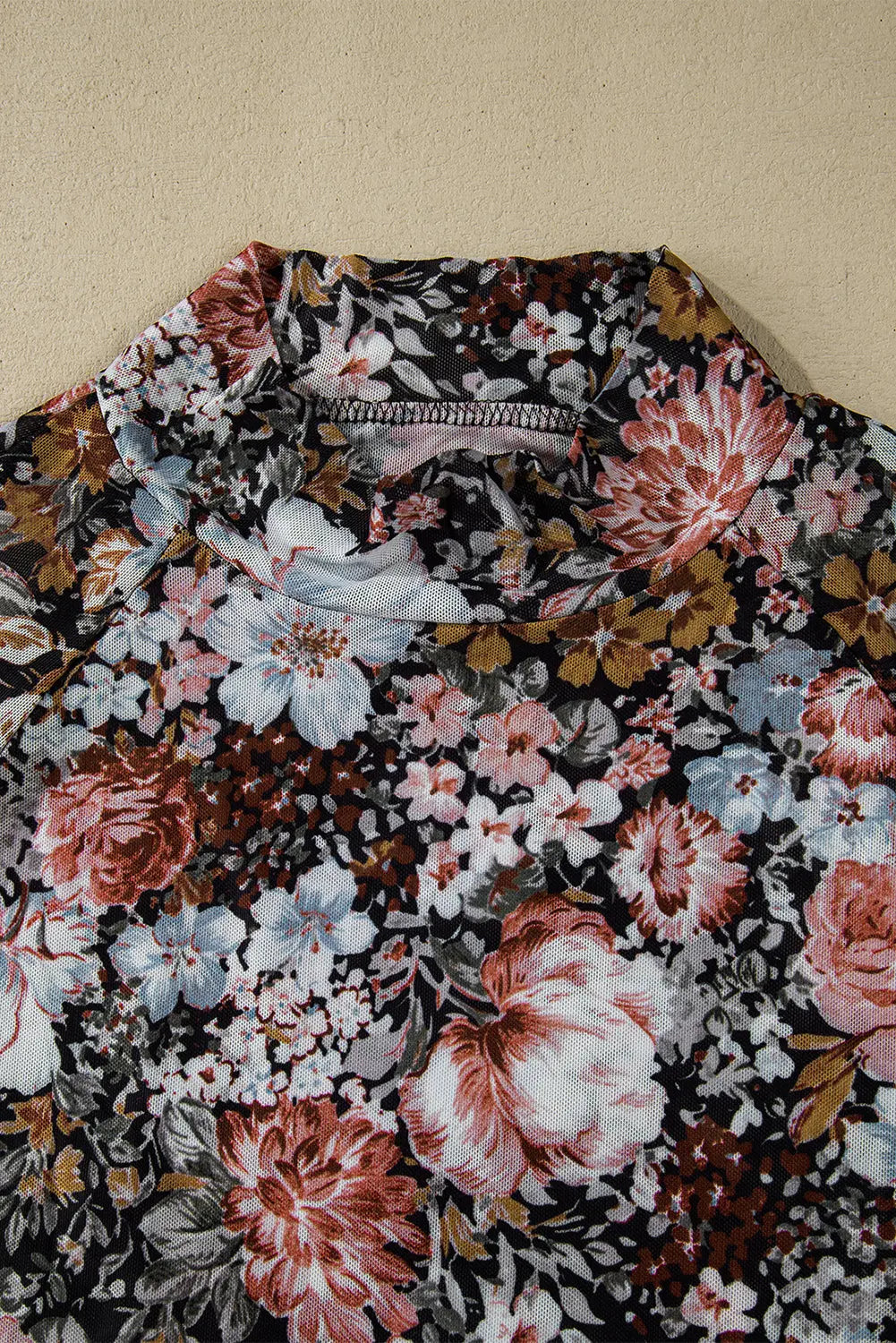 Brown Floral Long Sleeve High Neck Sheath Mesh Blouse eAura