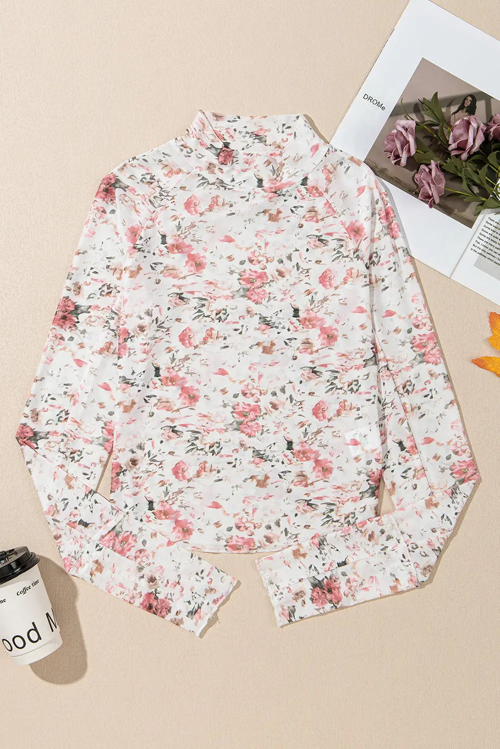 Brown Floral Long Sleeve High Neck Sheath Mesh Blouse eAura