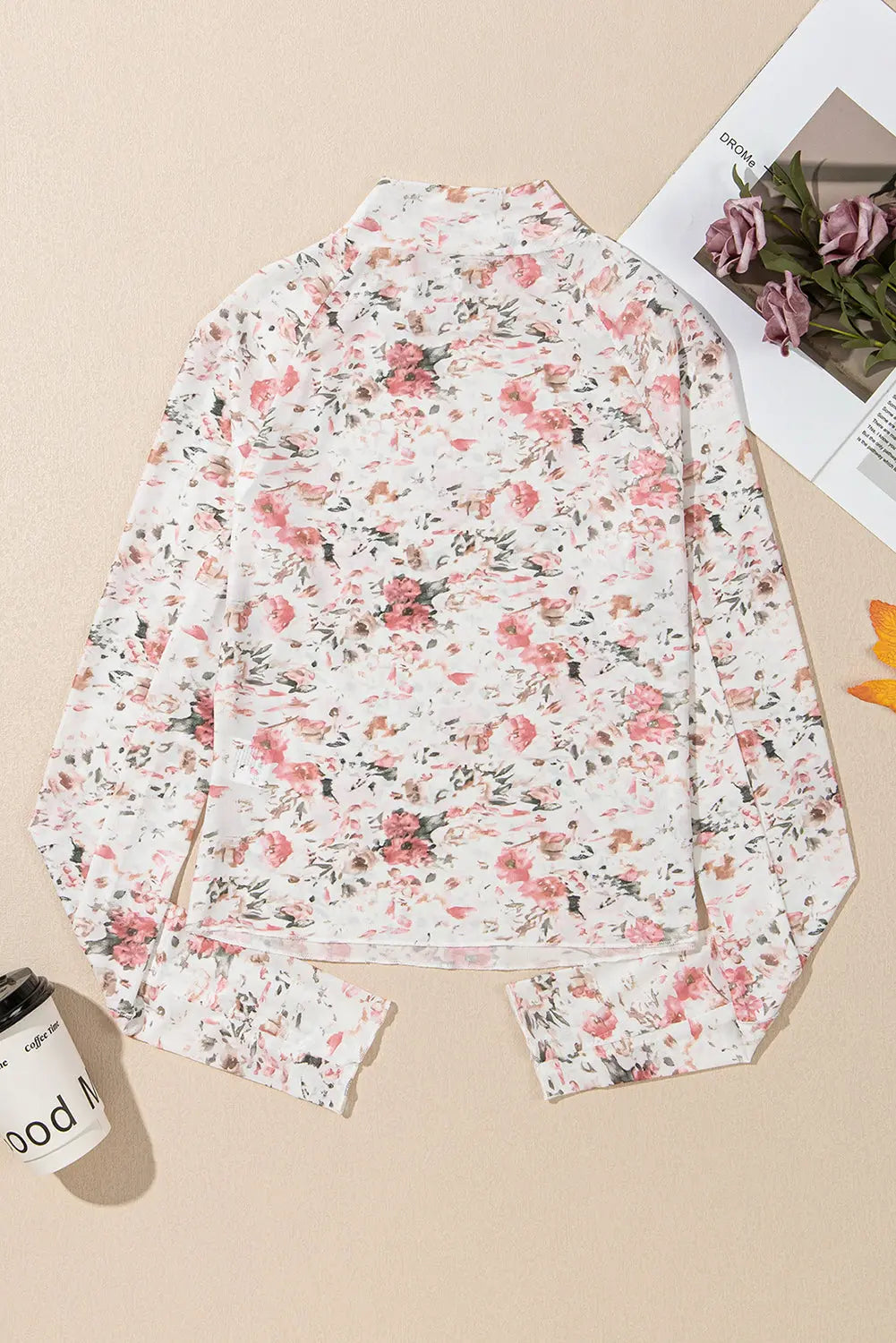 Brown Floral Long Sleeve High Neck Sheath Mesh Blouse eAura
