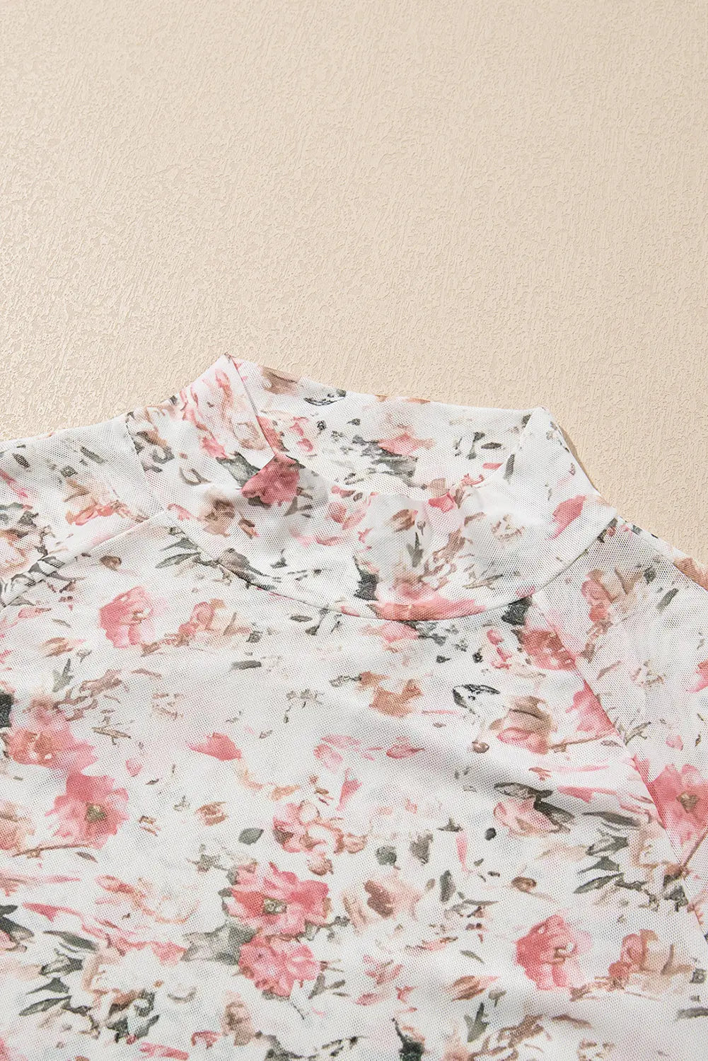 Brown Floral Long Sleeve High Neck Sheath Mesh Blouse eAura