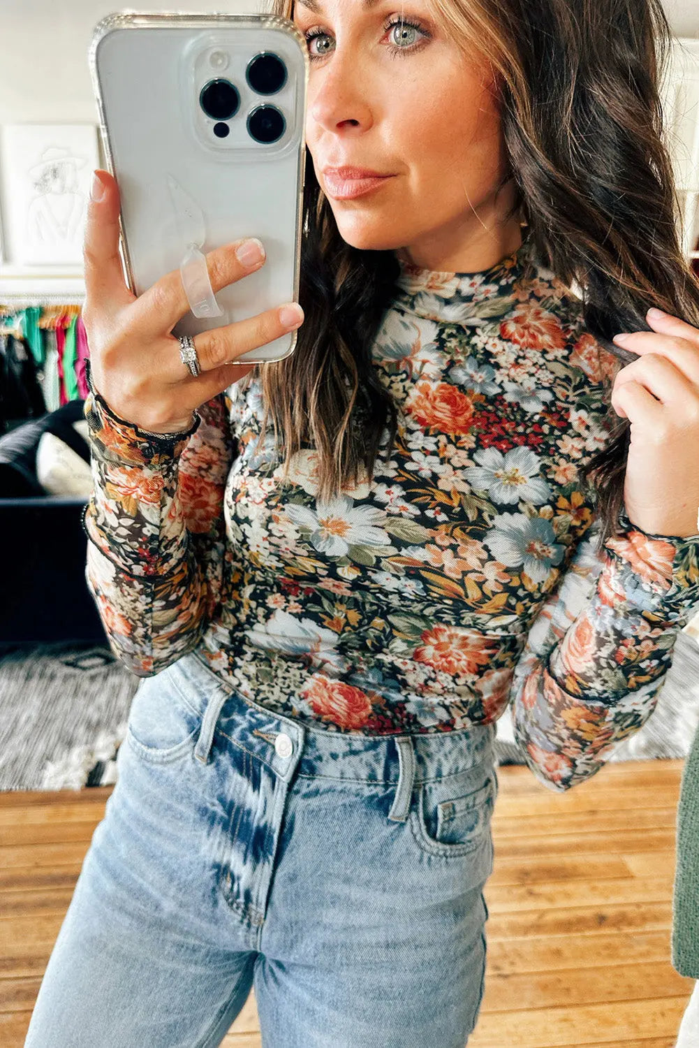 Brown Floral Long Sleeve High Neck Sheath Mesh Blouse eAura