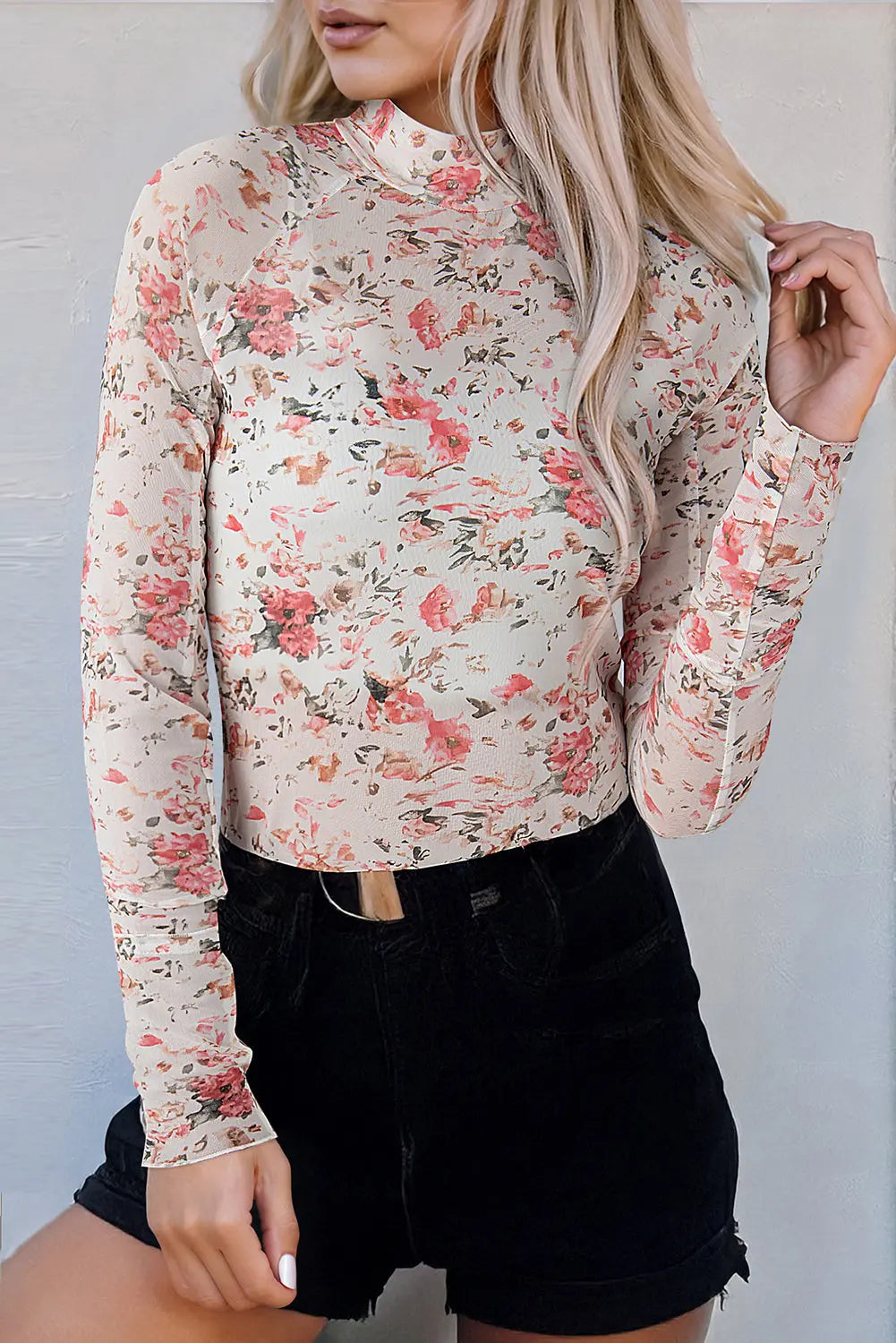 Brown Floral Long Sleeve High Neck Sheath Mesh Blouse eAura