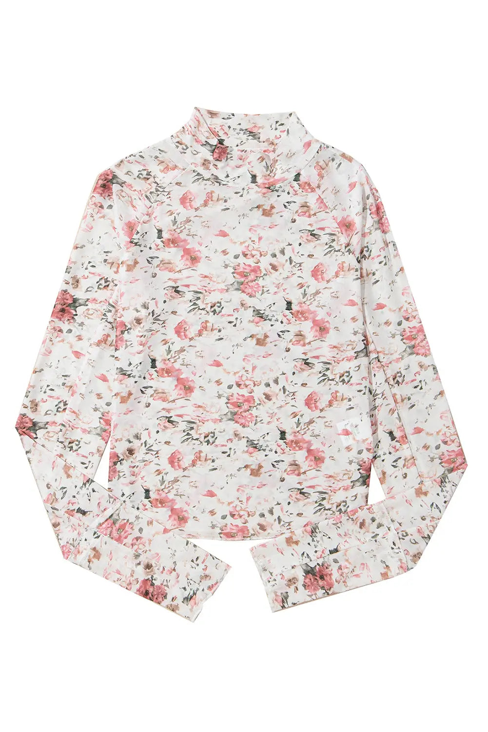 Brown Floral Long Sleeve High Neck Sheath Mesh Blouse eAura