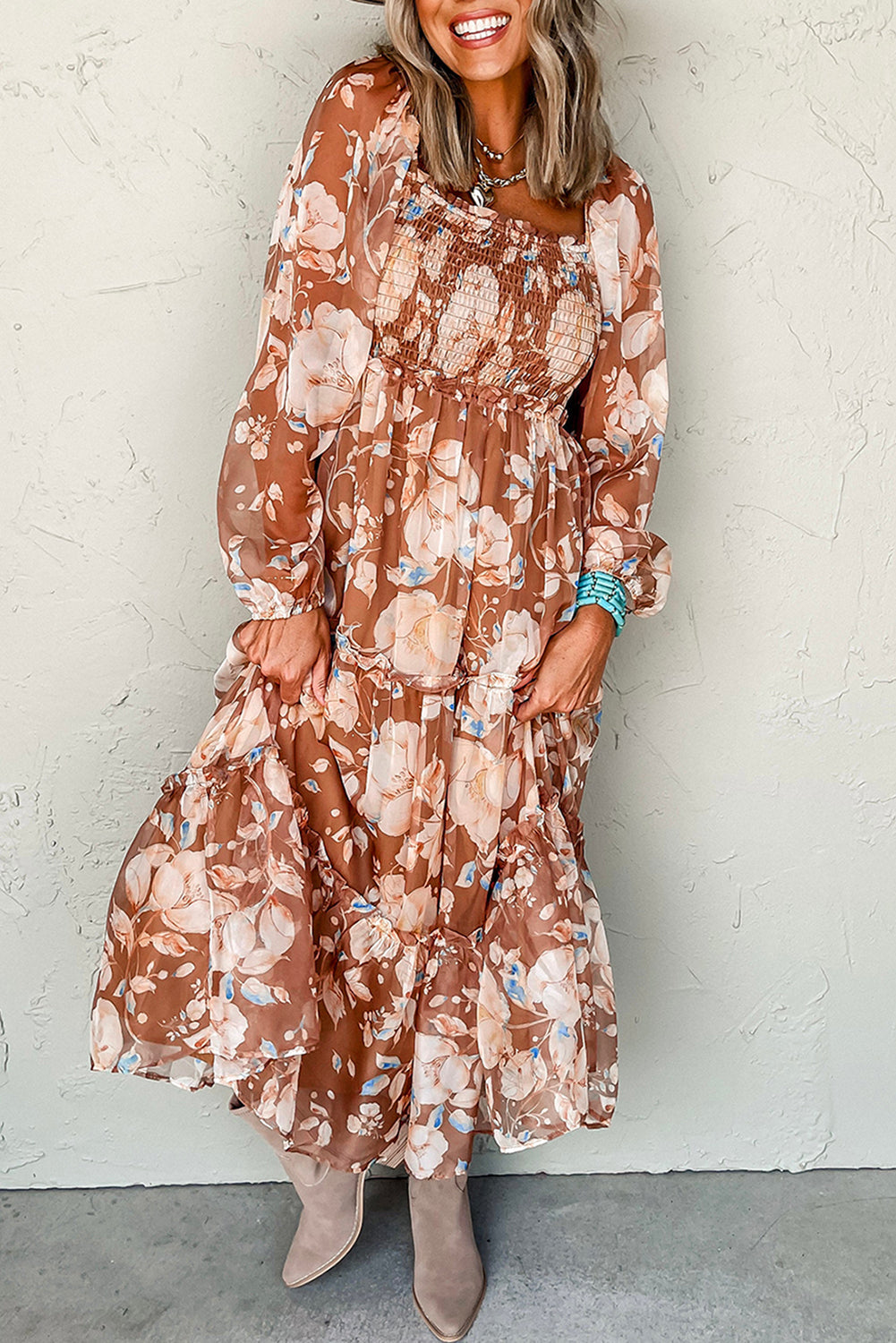 Brown Floral Print Shirred Square Neck High Waist Maxi Dress - BROWN / S / 100% POLYESTER - Dresses/Maxi Dresses
