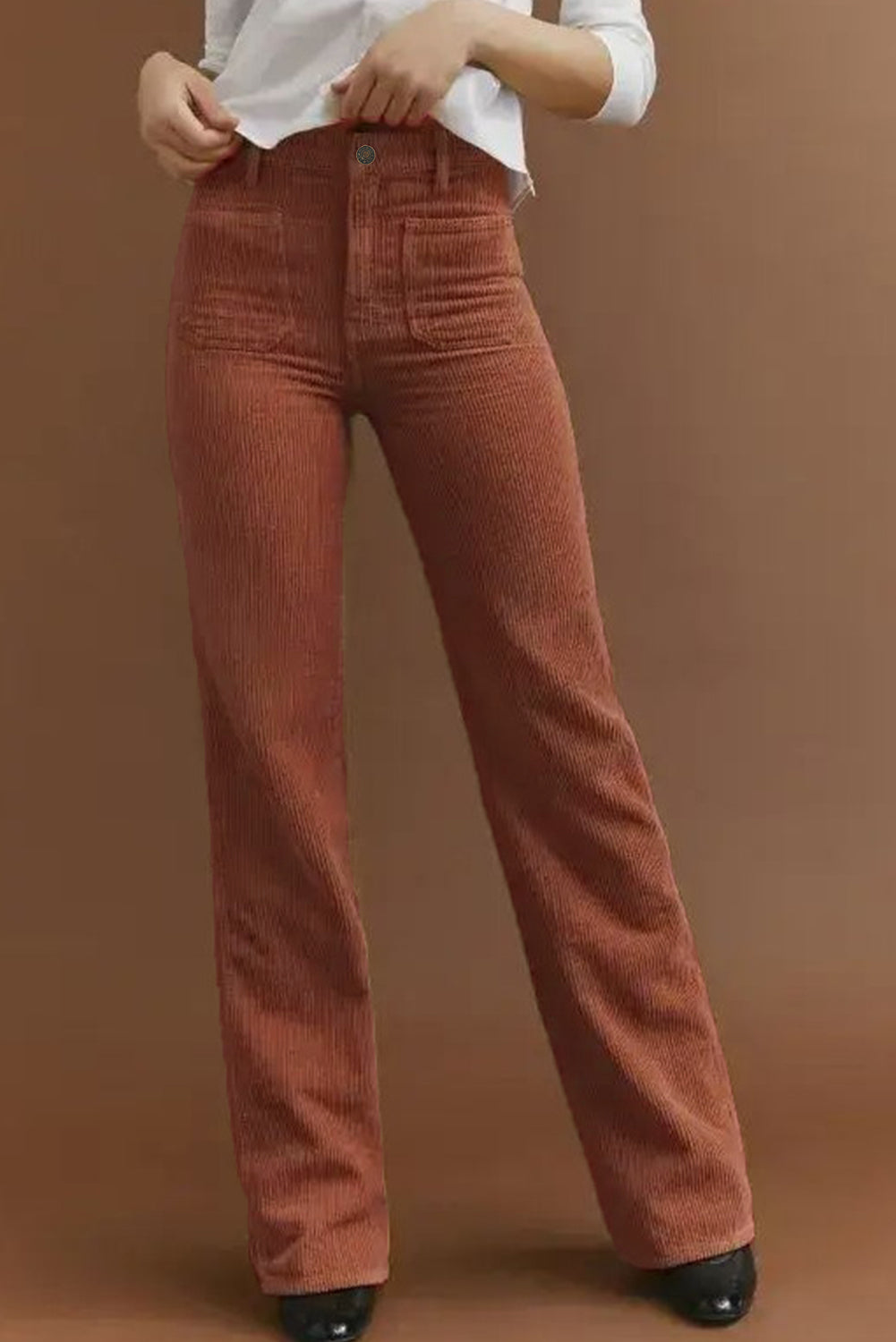 Brown High Waist Square Pockets Corduroy Trousers - BROWN / S / 95% POLYESTER + 5% ELASTANE - Bottoms/Trousers