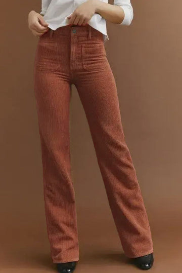 Brown High Waist Square Pockets Corduroy Trousers - BROWN / S / 95% POLYESTER + 5% ELASTANE - Bottoms/Trousers