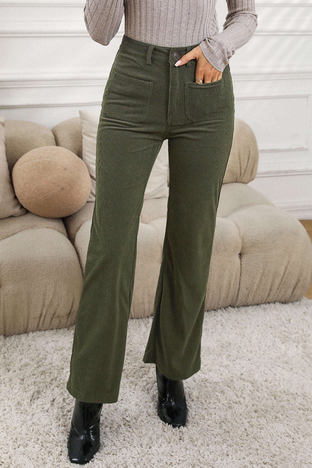 Brown High Waist Square Pockets Corduroy Trousers - GREEN / S / 95% POLYESTER + 5% ELASTANE - Bottoms/Trousers