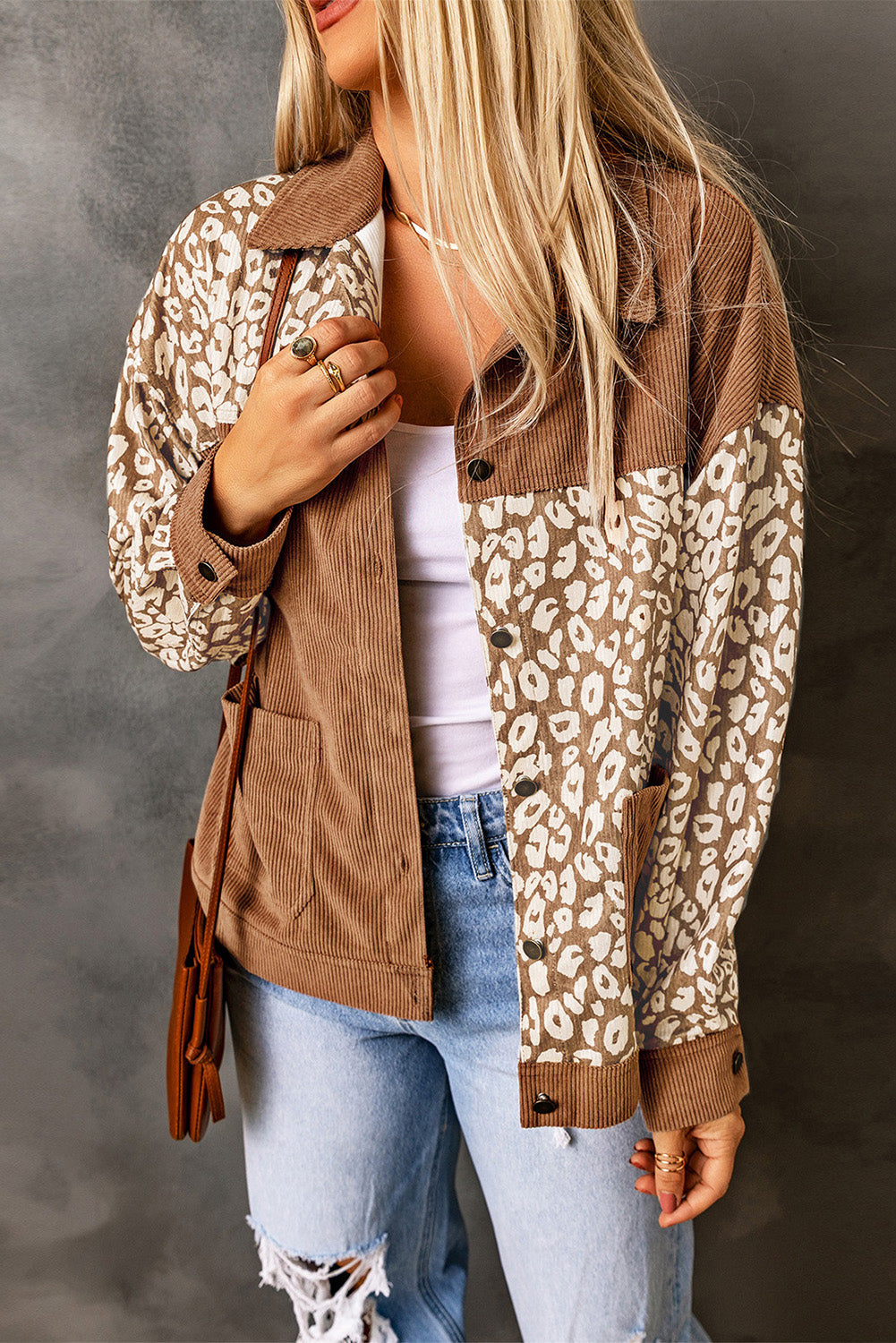 Brown Leopard Print Corduroy Long Sleeve Jacket - eAura