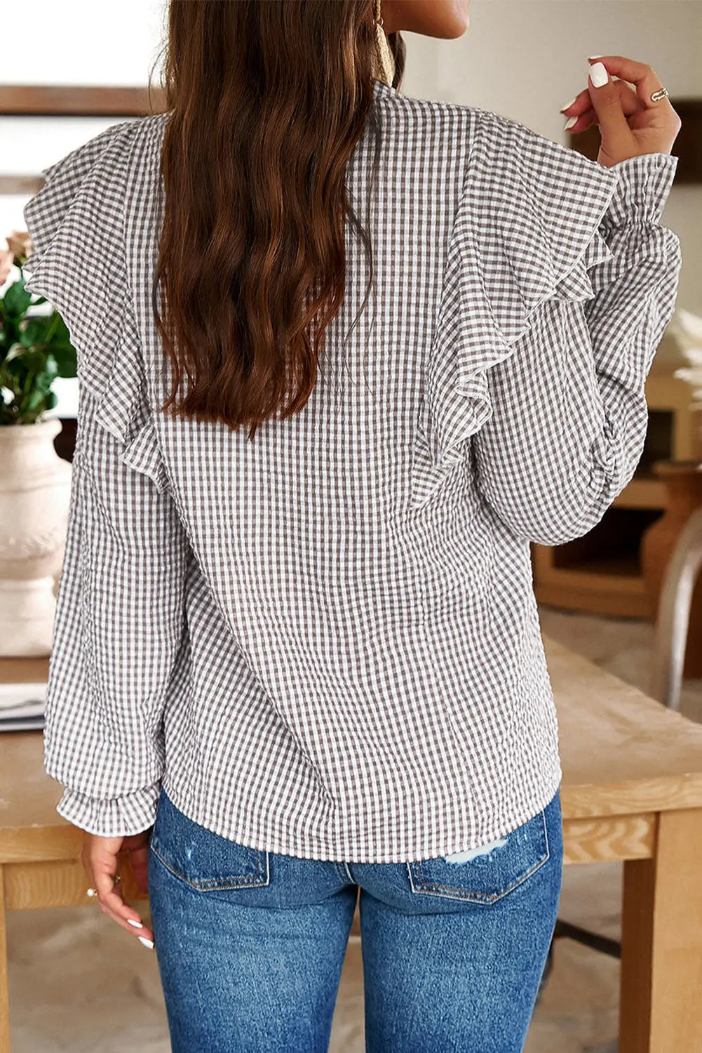 Brown Plaid Flounce Sleeve Notched Neck Ruffled Shirt Beagle Boutique Fashion Outlet