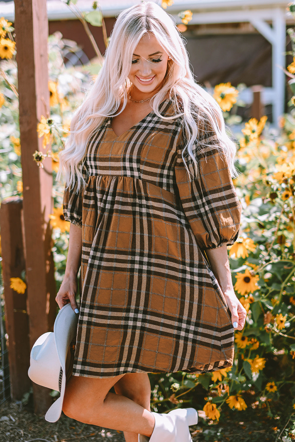 Brown Plaid Pattern Empire Waist Babydoll Dress - eAura