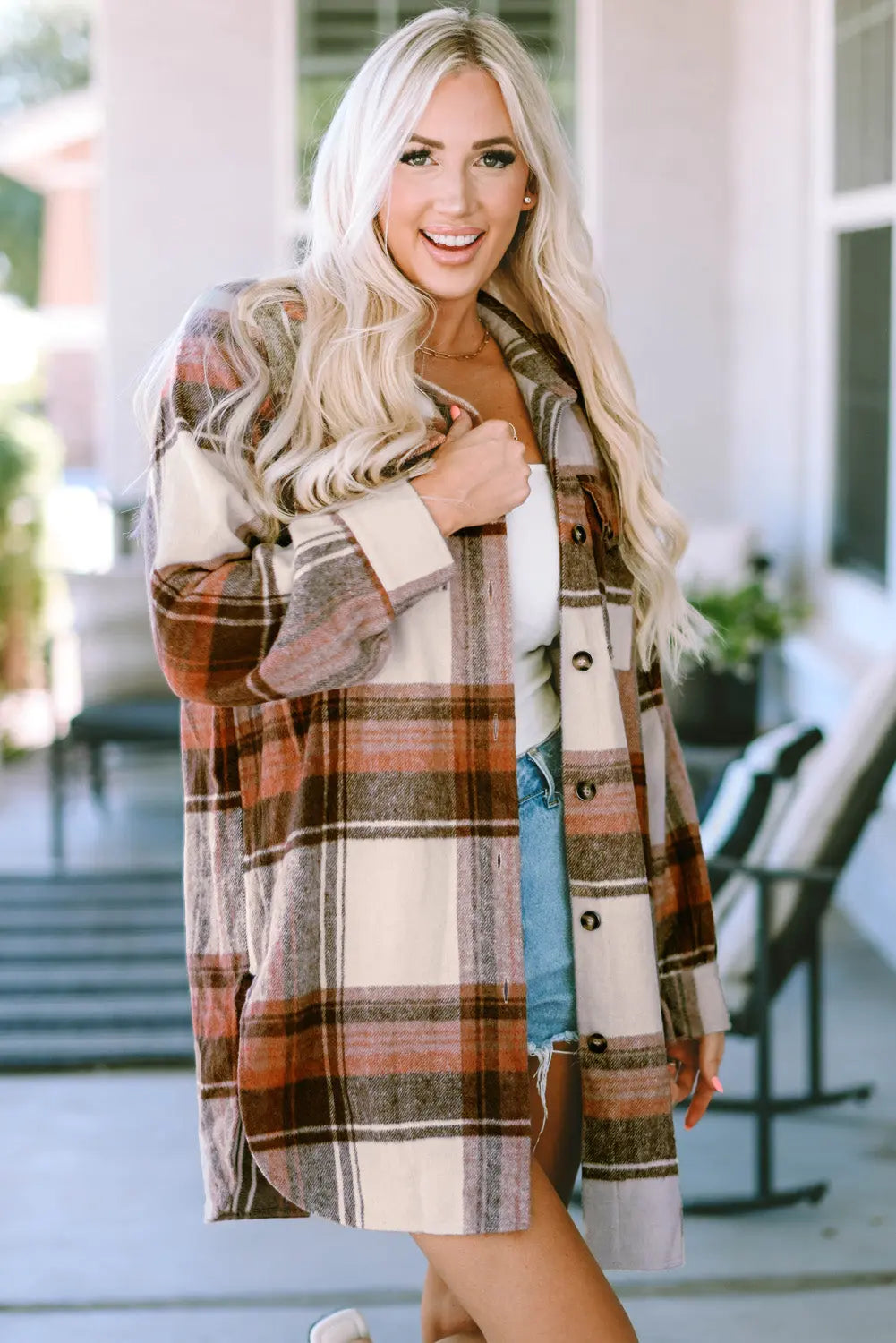 Brown Plaid Print Flap Pockets Long Shacket eAura