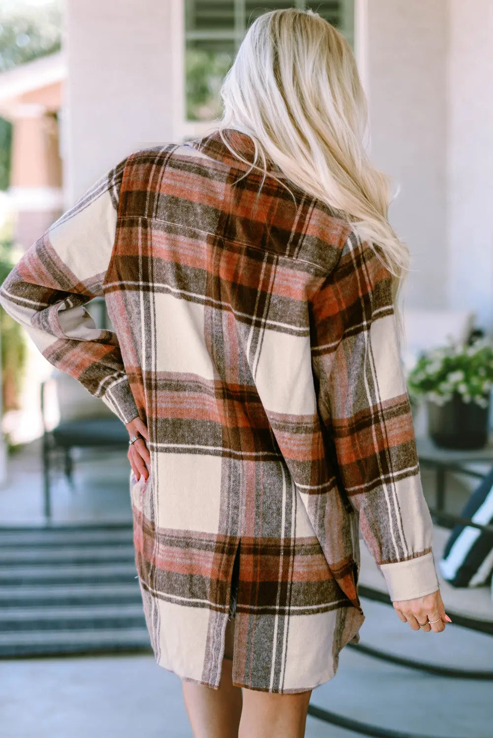 Brown Plaid Print Flap Pockets Long Shacket eAura