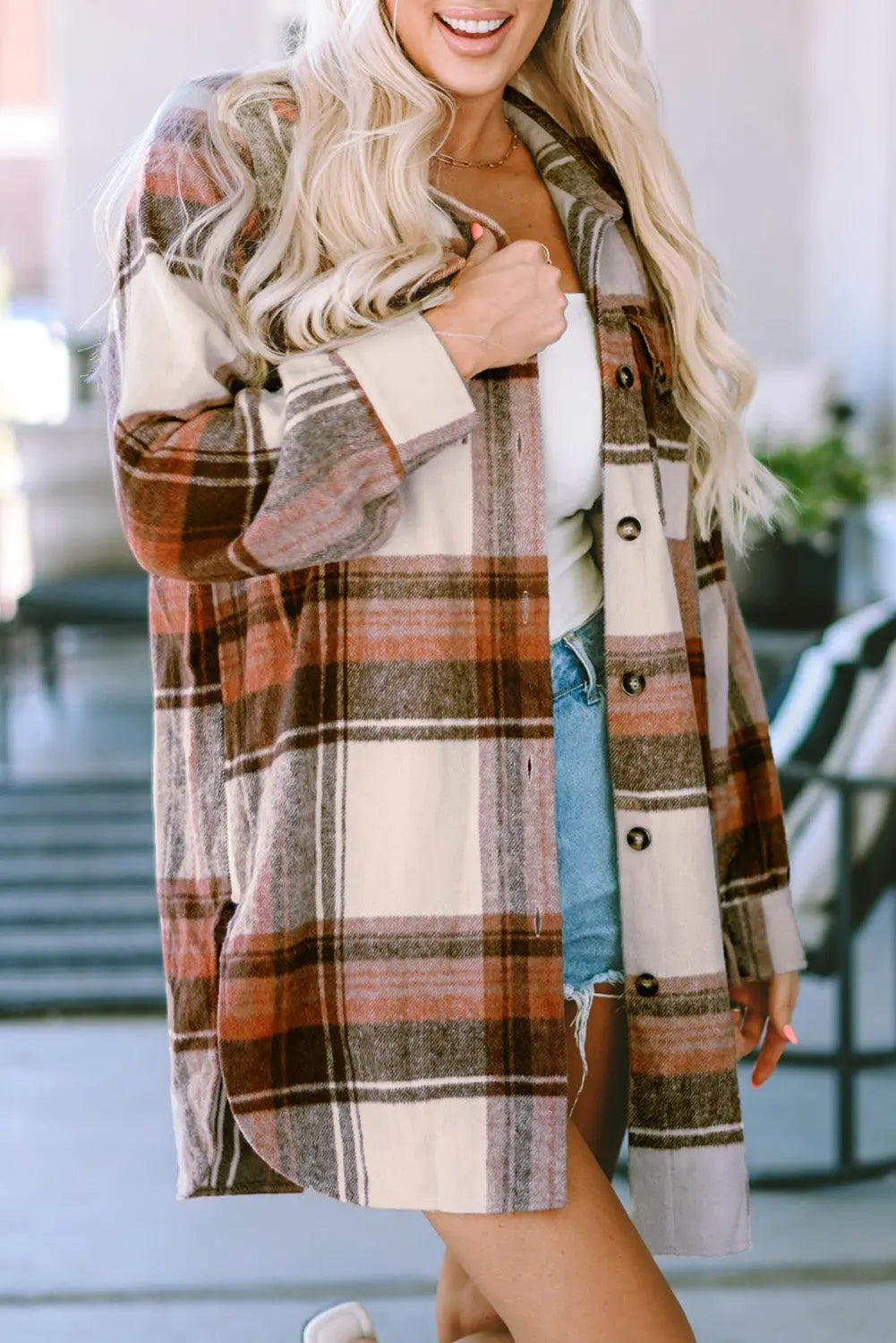 Brown Plaid Print Flap Pockets Long Shacket eAura