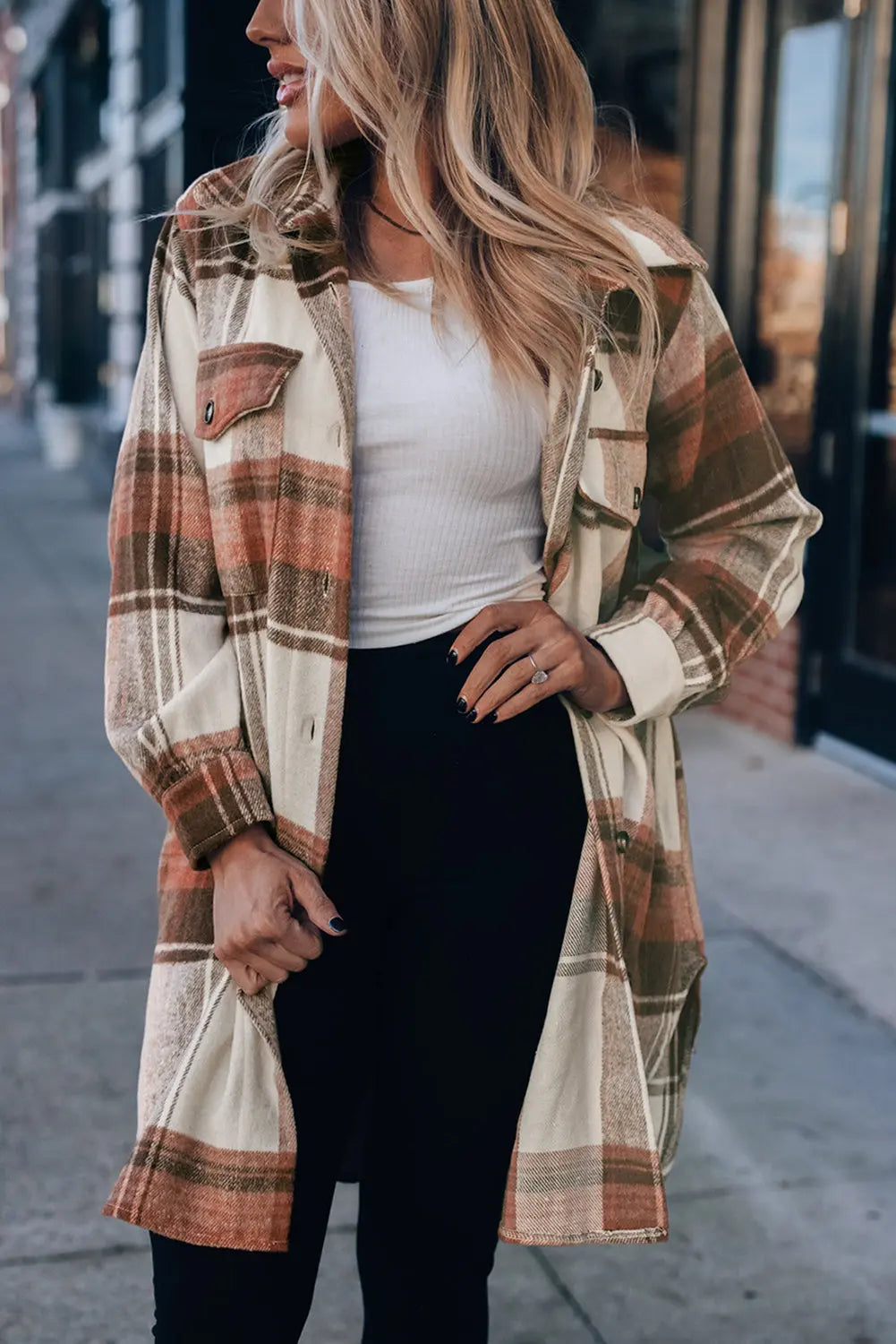 Brown Plaid Print Flap Pockets Long Shacket eAura