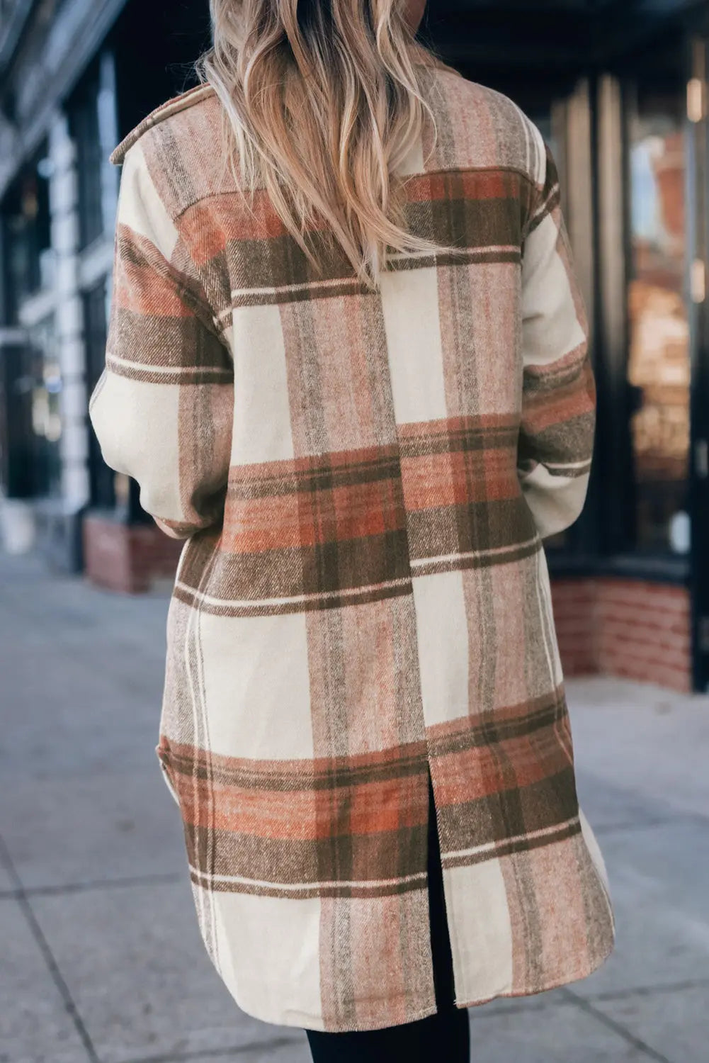 Brown Plaid Print Flap Pockets Long Shacket eAura