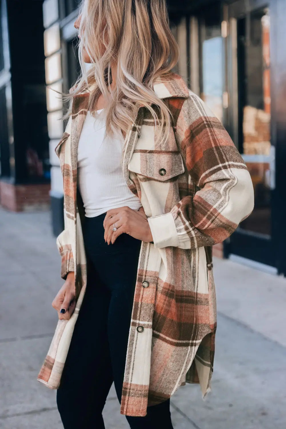 Brown Plaid Print Flap Pockets Long Shacket eAura