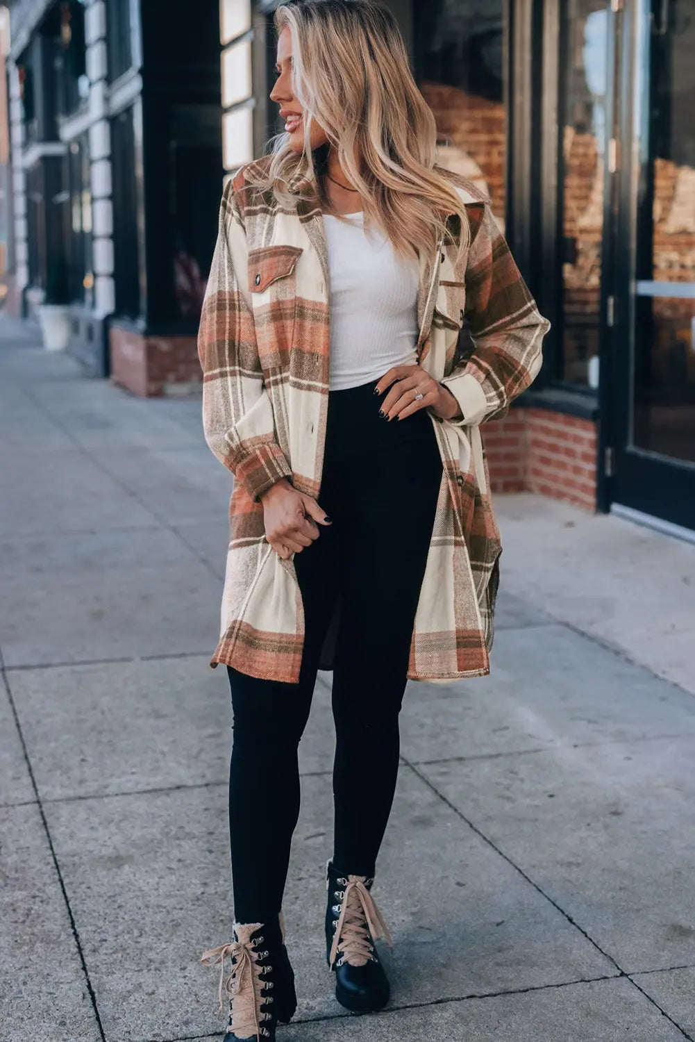 Brown Plaid Print Flap Pockets Long Shacket eAura