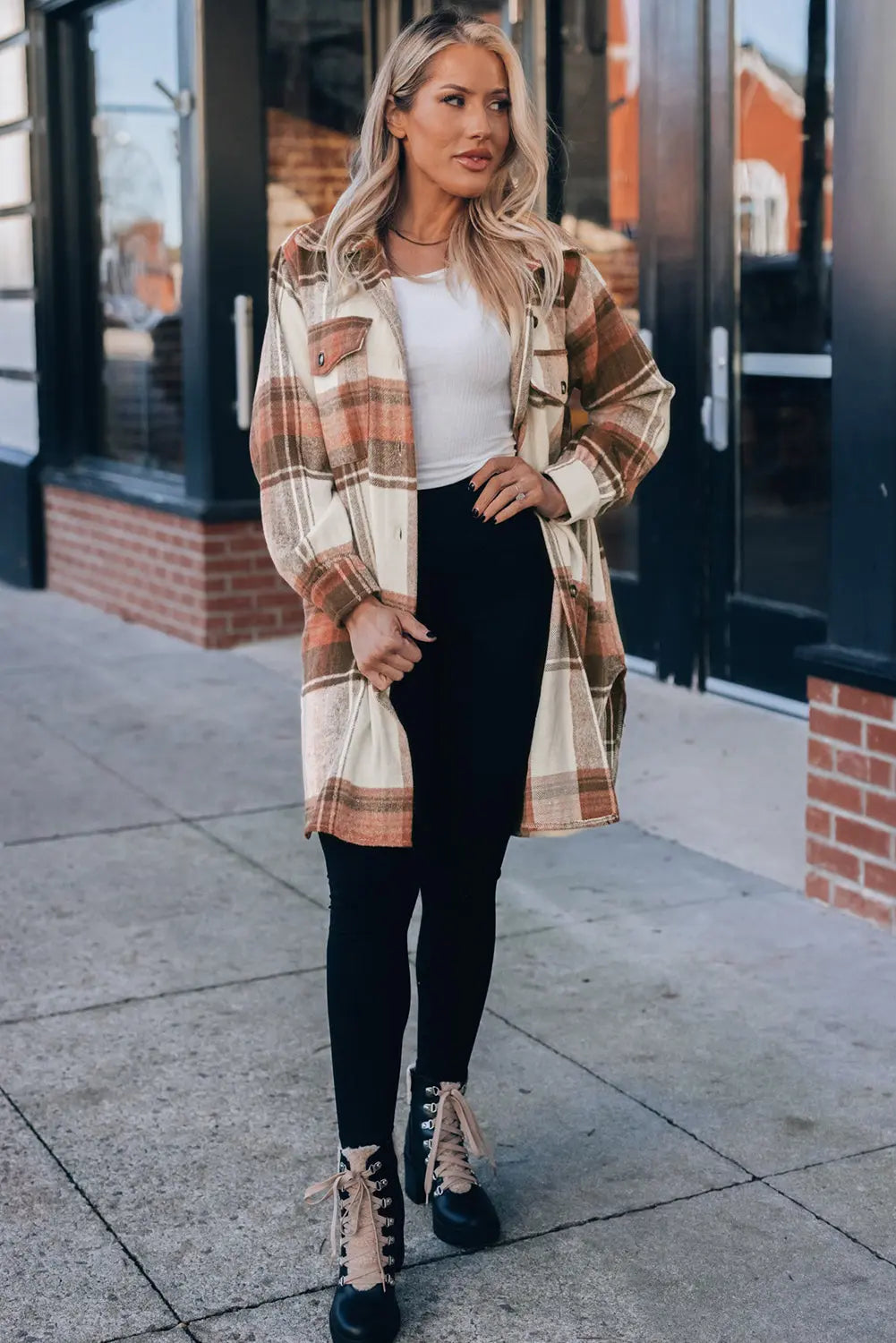 Brown Plaid Print Flap Pockets Long Shacket eAura