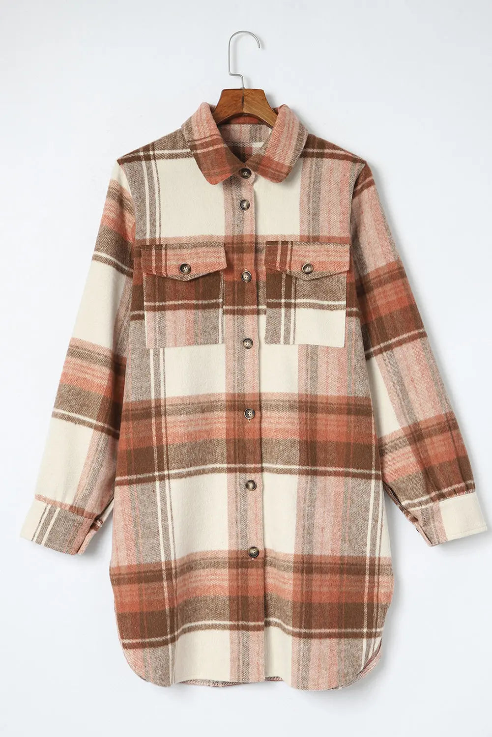 Brown Plaid Print Flap Pockets Long Shacket eAura