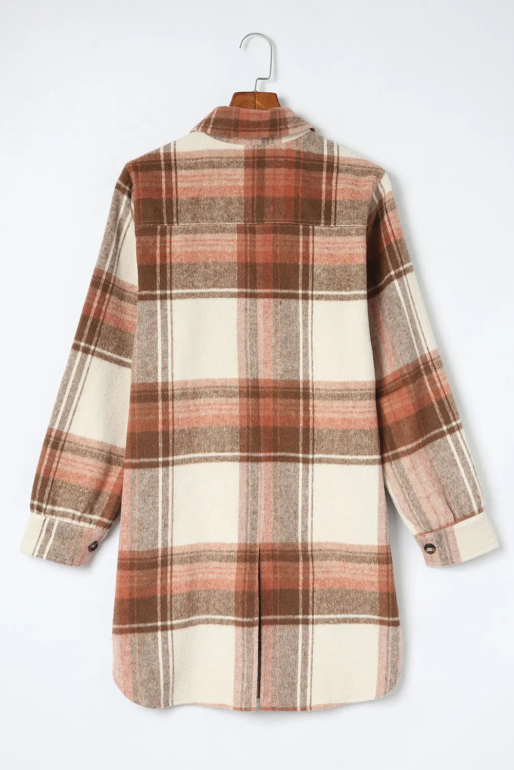 Brown Plaid Print Flap Pockets Long Shacket eAura