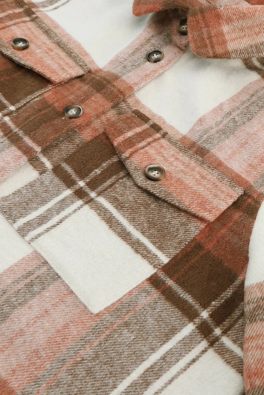 Brown Plaid Print Flap Pockets Long Shacket eAura