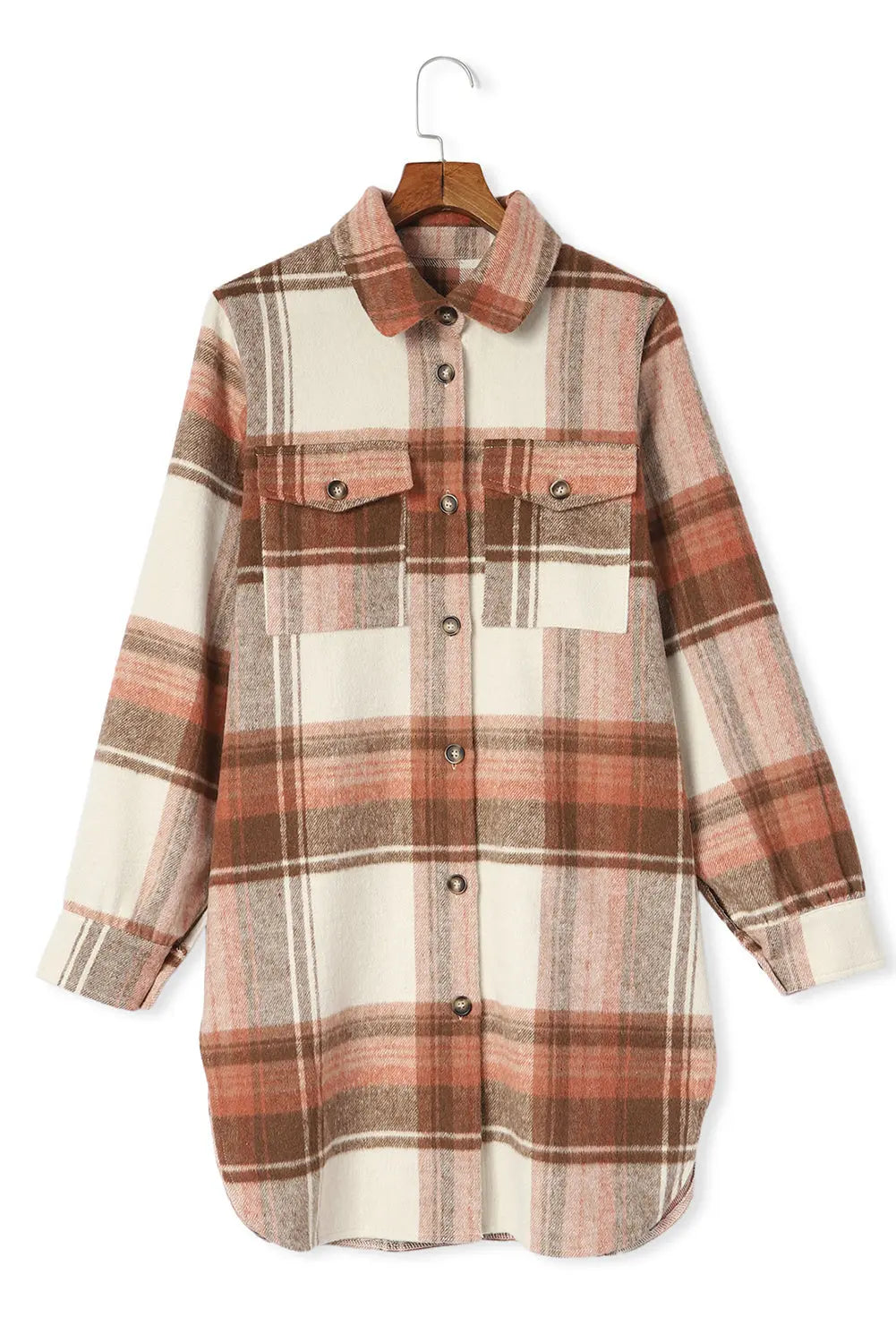 Brown Plaid Print Flap Pockets Long Shacket eAura