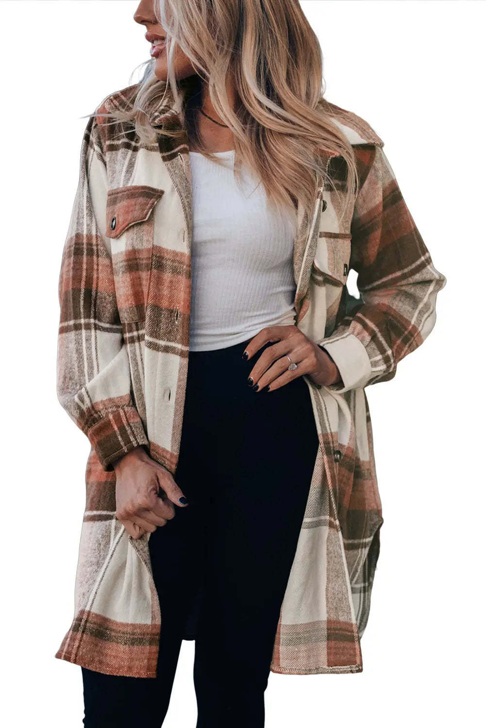 Brown Plaid Print Flap Pockets Long Shacket eAura